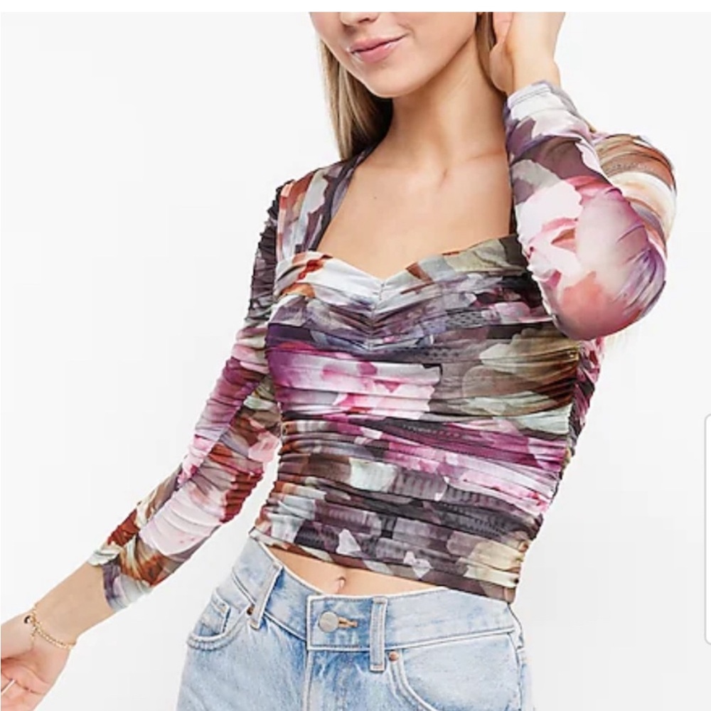 Express body contour Purple and Gray Ruched Puff Sleeve Blouse